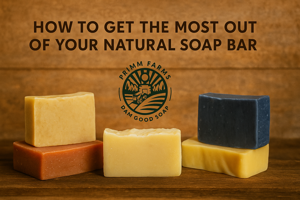 Four handcrafted soap bars from Primm Farms on rustic wood with blog title overlay
